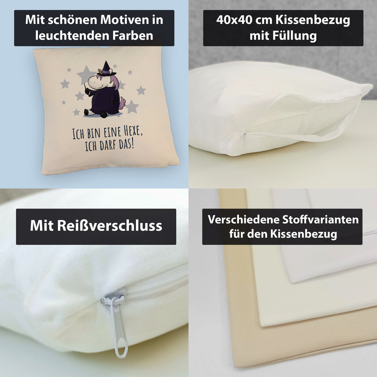 Einhorn-Hexe Kissen mit Spruch Ich bin eine Hexe ich darf das