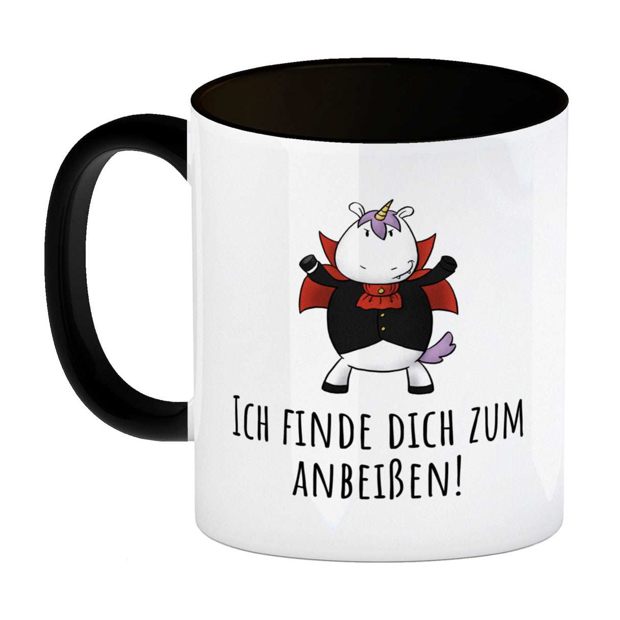 Einhorn-Vampir Kaffeebecher mit Spruch Ich finde dich zum Anbeißen