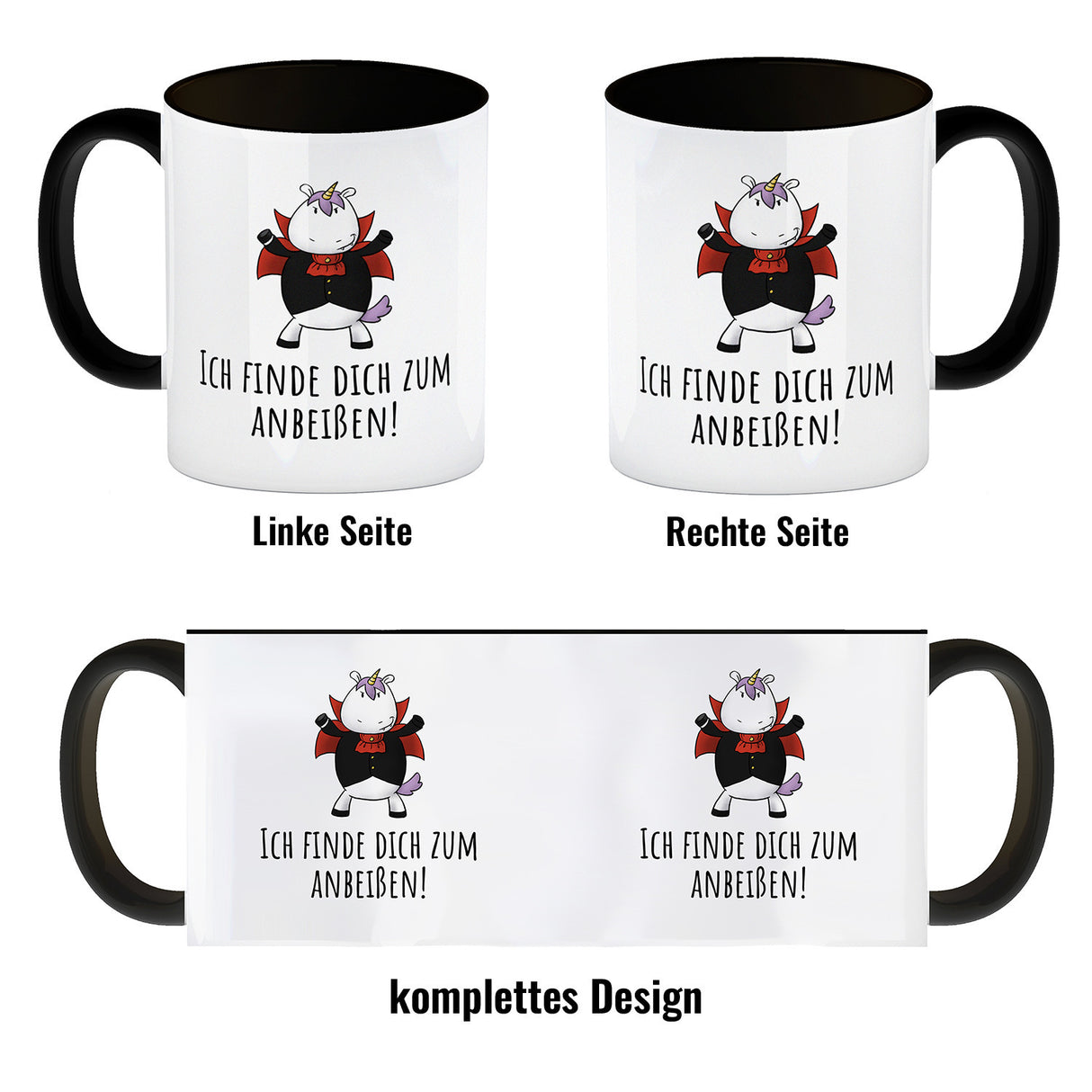 Einhorn-Vampir Kaffeebecher mit Spruch Ich finde dich zum Anbeißen