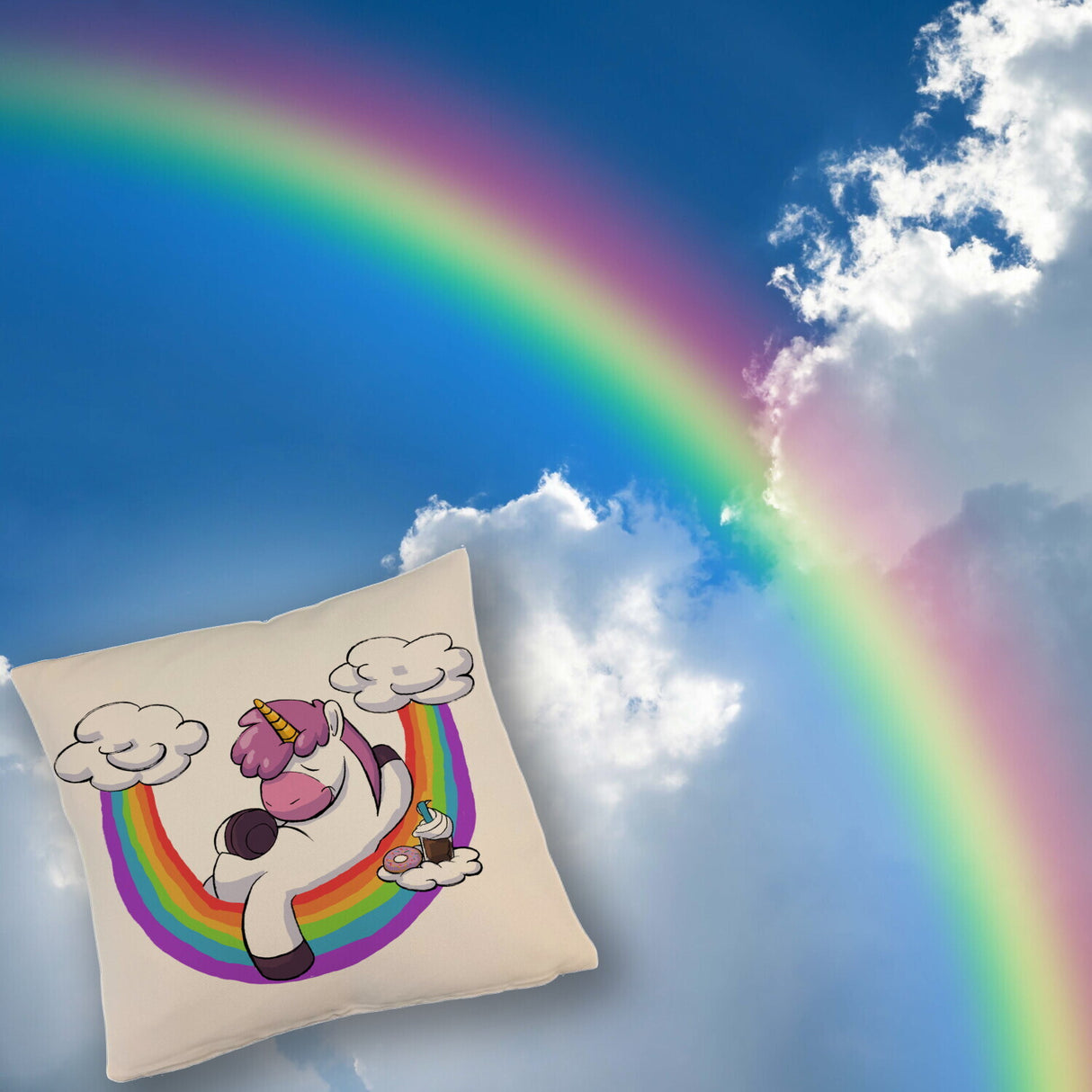Schlafendes Einhorn Kissen mit Regenbogen