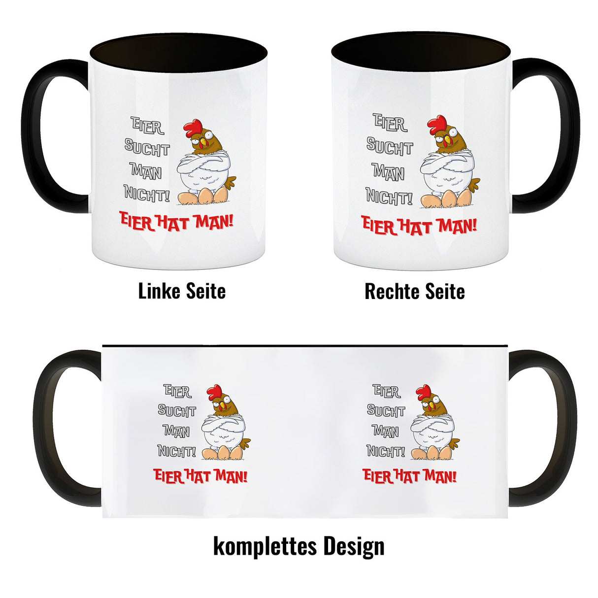 Huhn Kaffeebecher mit Spruch Eier sucht man nicht Eier hat man
