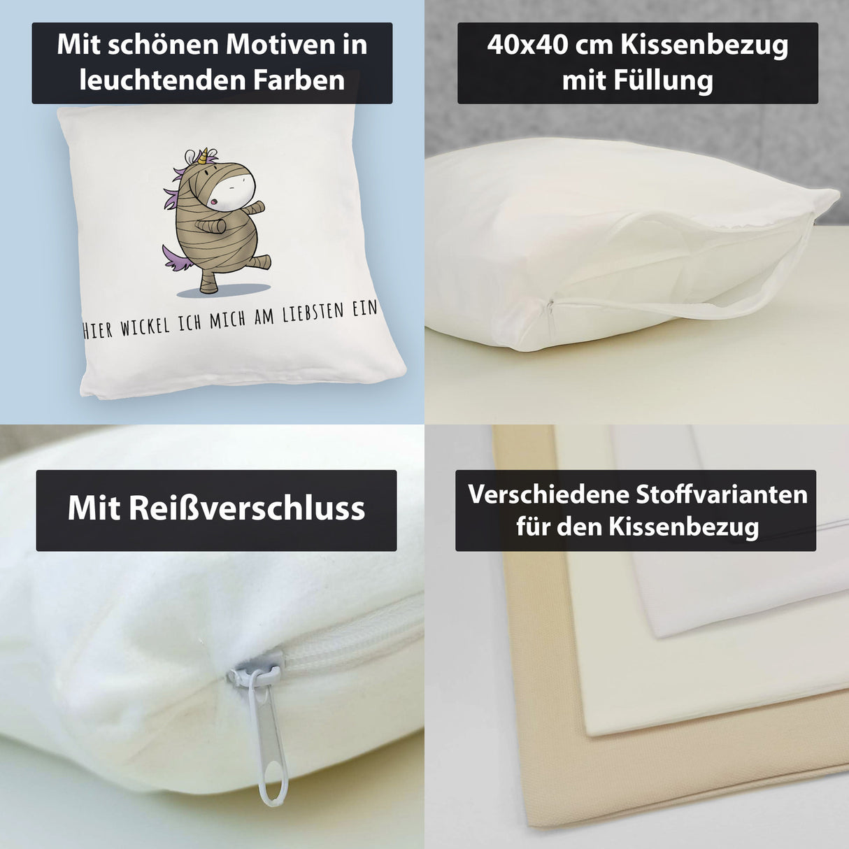 Einhorn-Mumie Kissen mit Spruch Hier wickel ich mich am liebsten ein