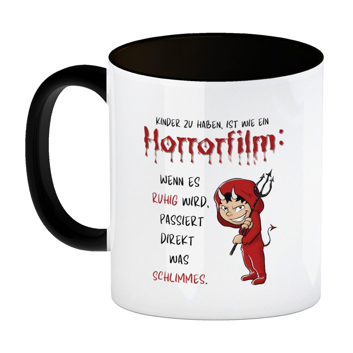 Teufelchen Kaffeebecher mit Spruch Kinder zu haben ist wie ein Horrorfilm