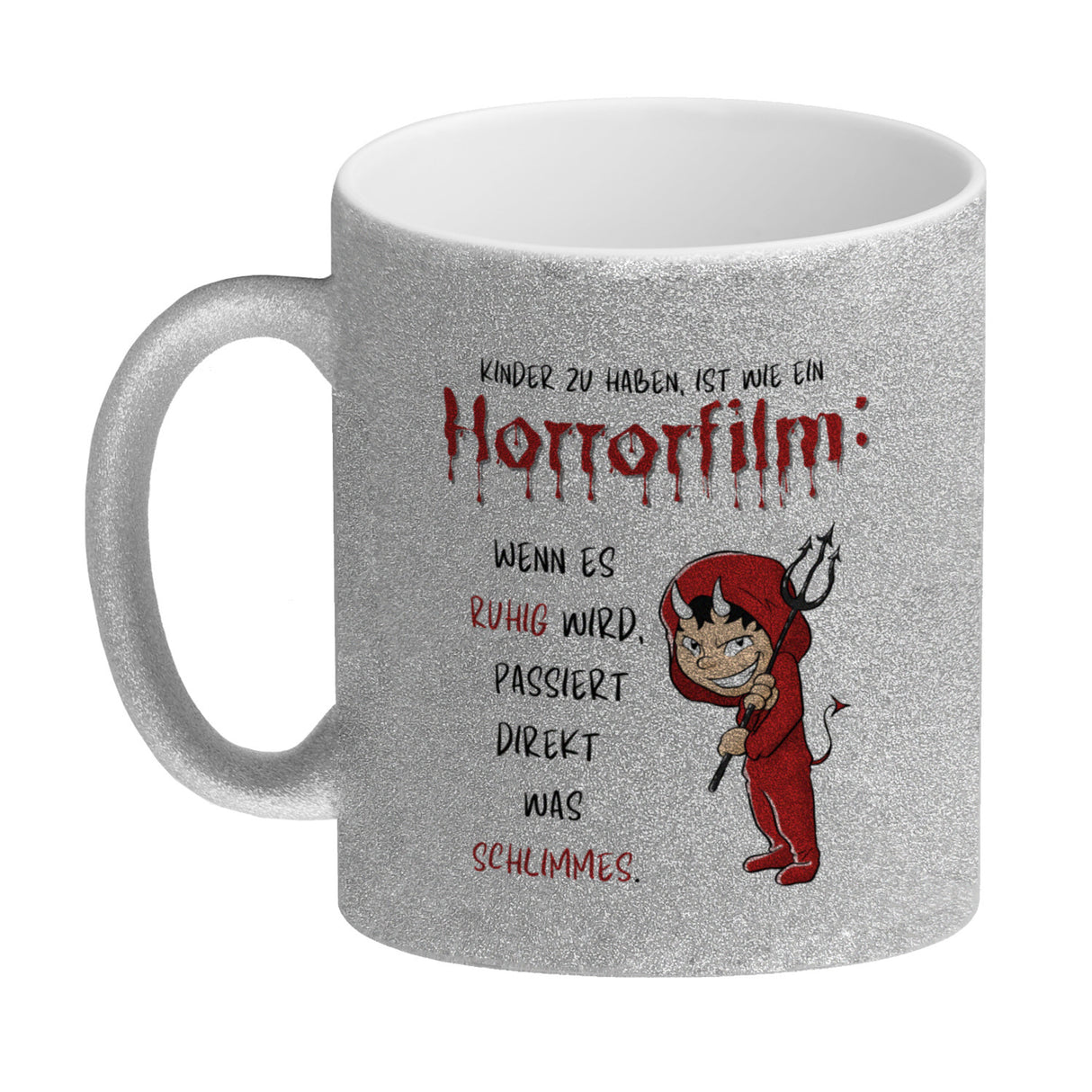 Teufelchen Kaffeebecher mit Spruch Kinder zu haben ist wie ein Horrorfilm