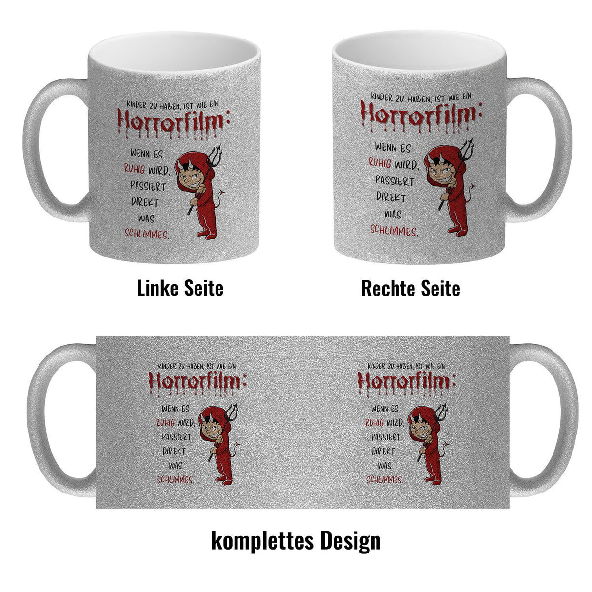 Teufelchen Kaffeebecher mit Spruch Kinder zu haben ist wie ein Horrorfilm