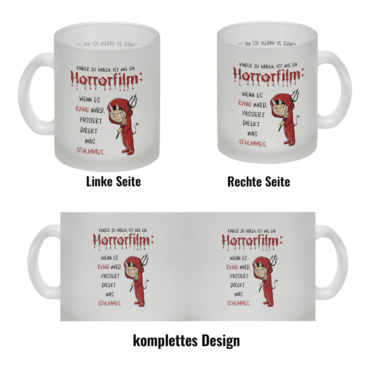 Teufelchen Kaffeebecher mit Spruch Kinder zu haben ist wie ein Horrorfilm