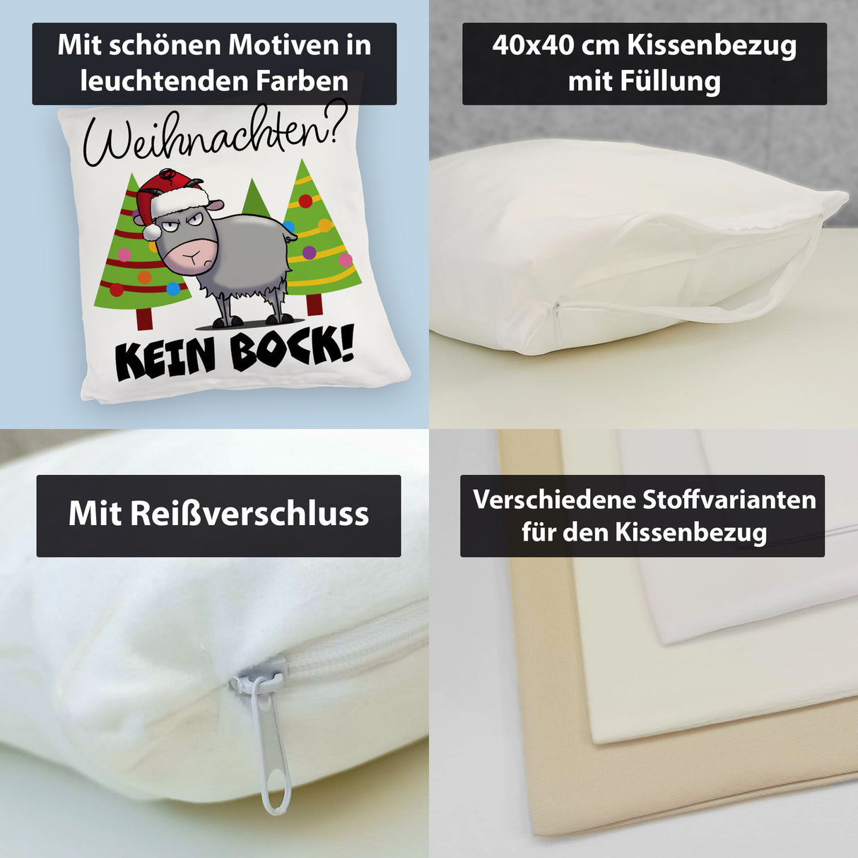 Ziegenbock mit Zipfelmütze Kissen mit Spruch Weihnachten? Kein Bock