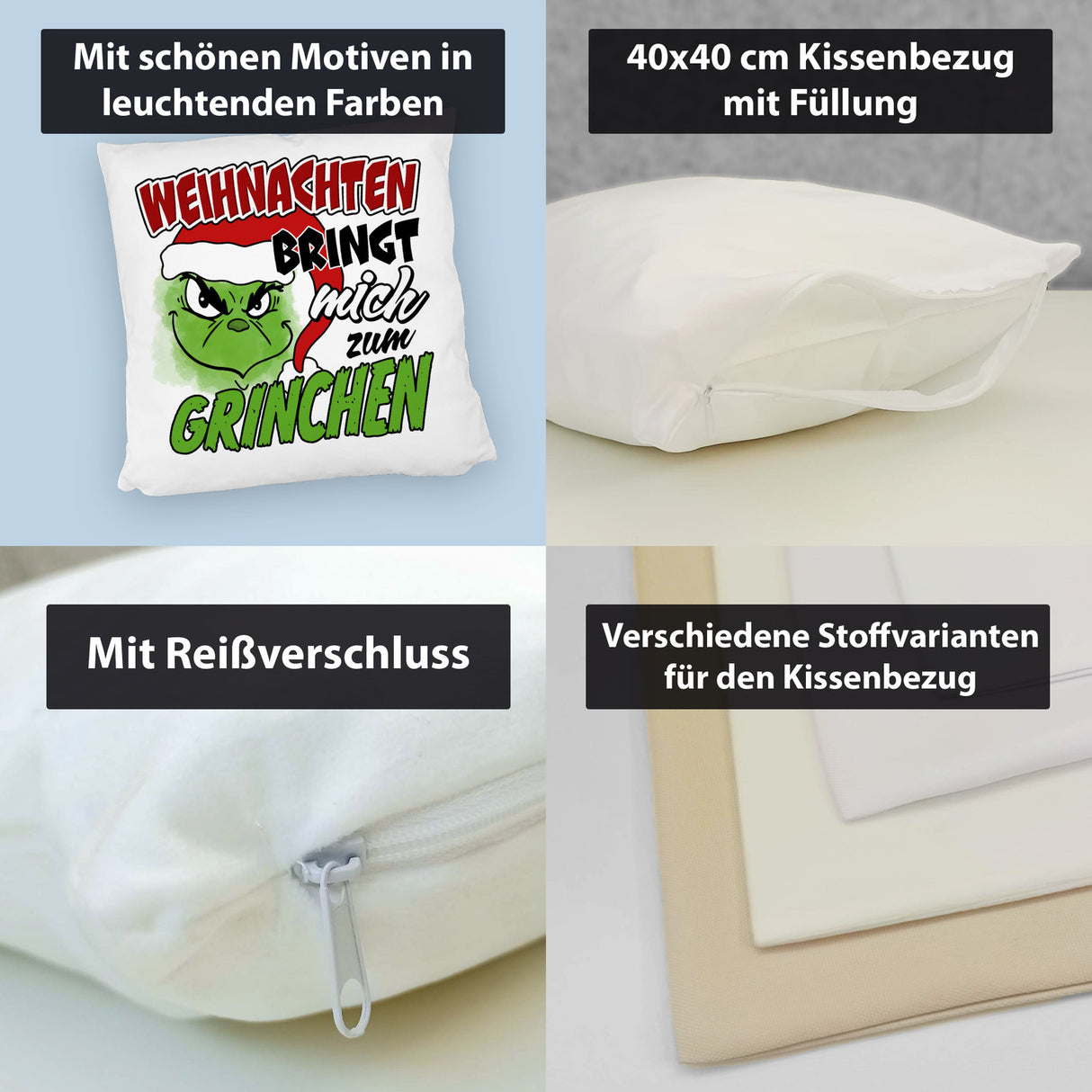 Weihnachtsmuffel Kissen mit Spruch Weihnachten bringt mich zum Grinchen