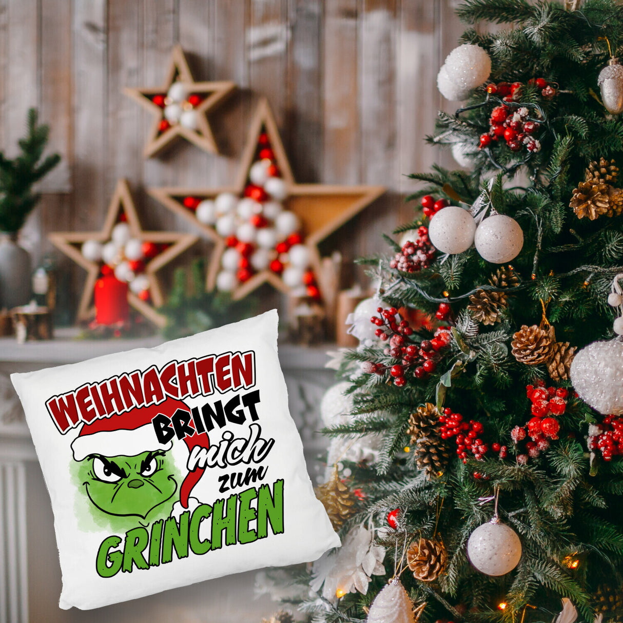 Weihnachtsmuffel Kissen mit Spruch Weihnachten bringt mich zum Grinchen