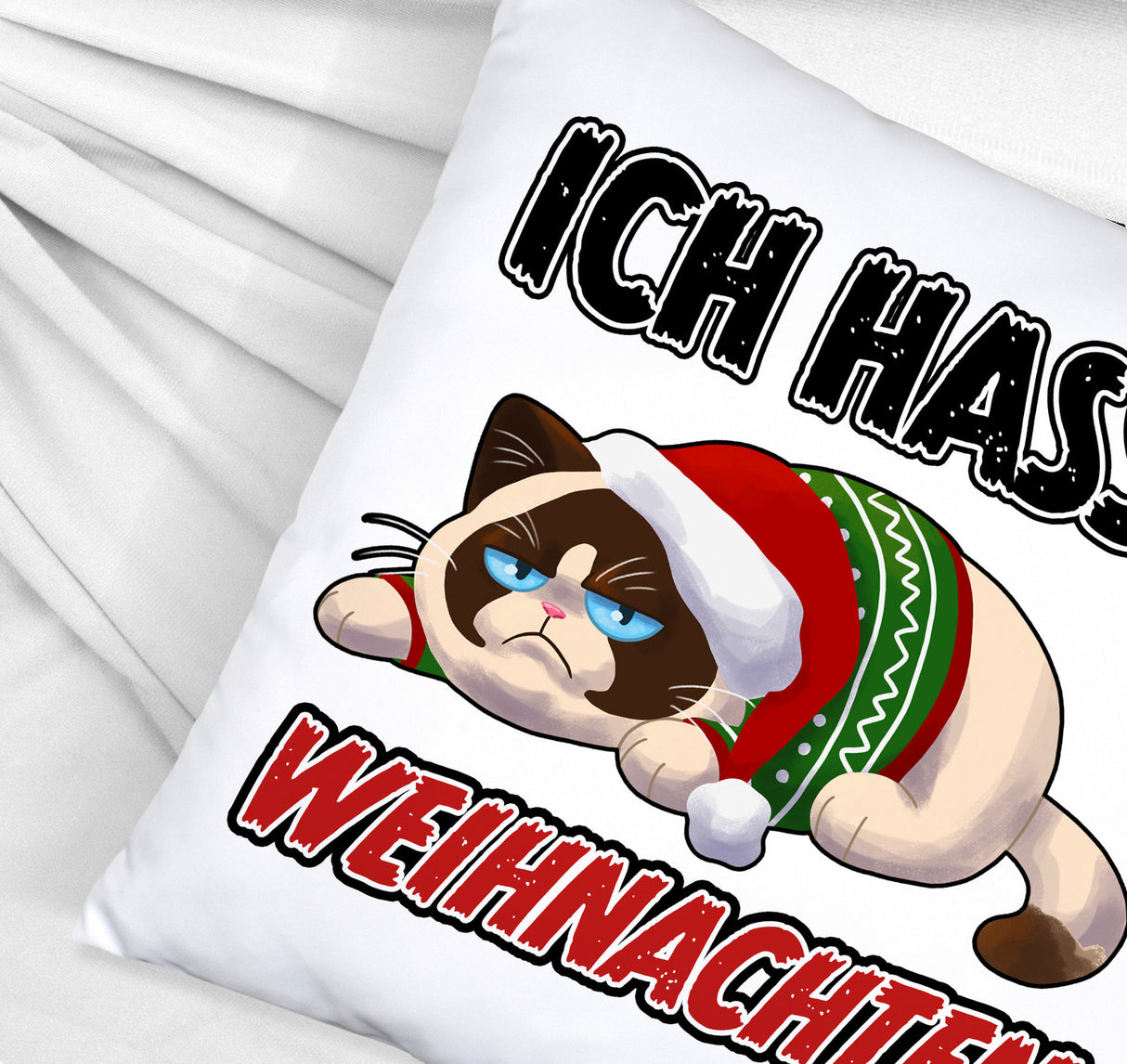 Grimmige Katze Kissen mit Spruch Ich hasse Weihnachten