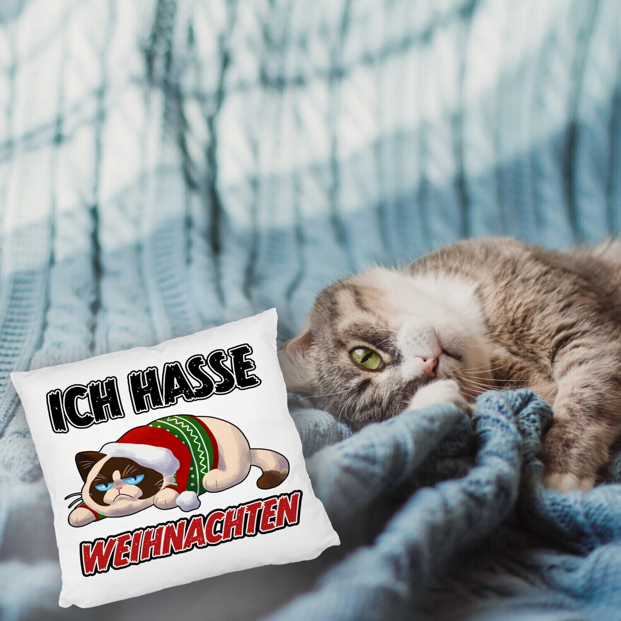 Grimmige Katze Kissen mit Spruch Ich hasse Weihnachten