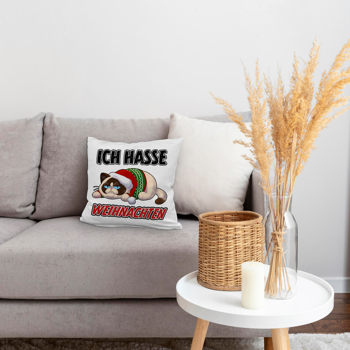 Grimmige Katze Kissen mit Spruch Ich hasse Weihnachten