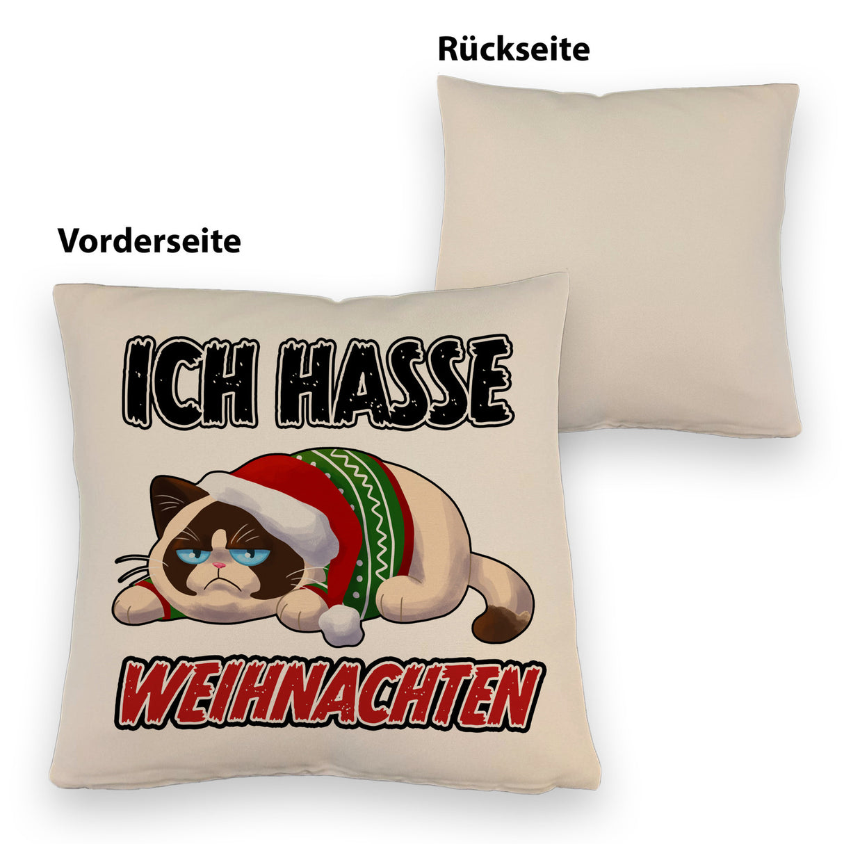 Grimmige Katze Kissen mit Spruch Ich hasse Weihnachten