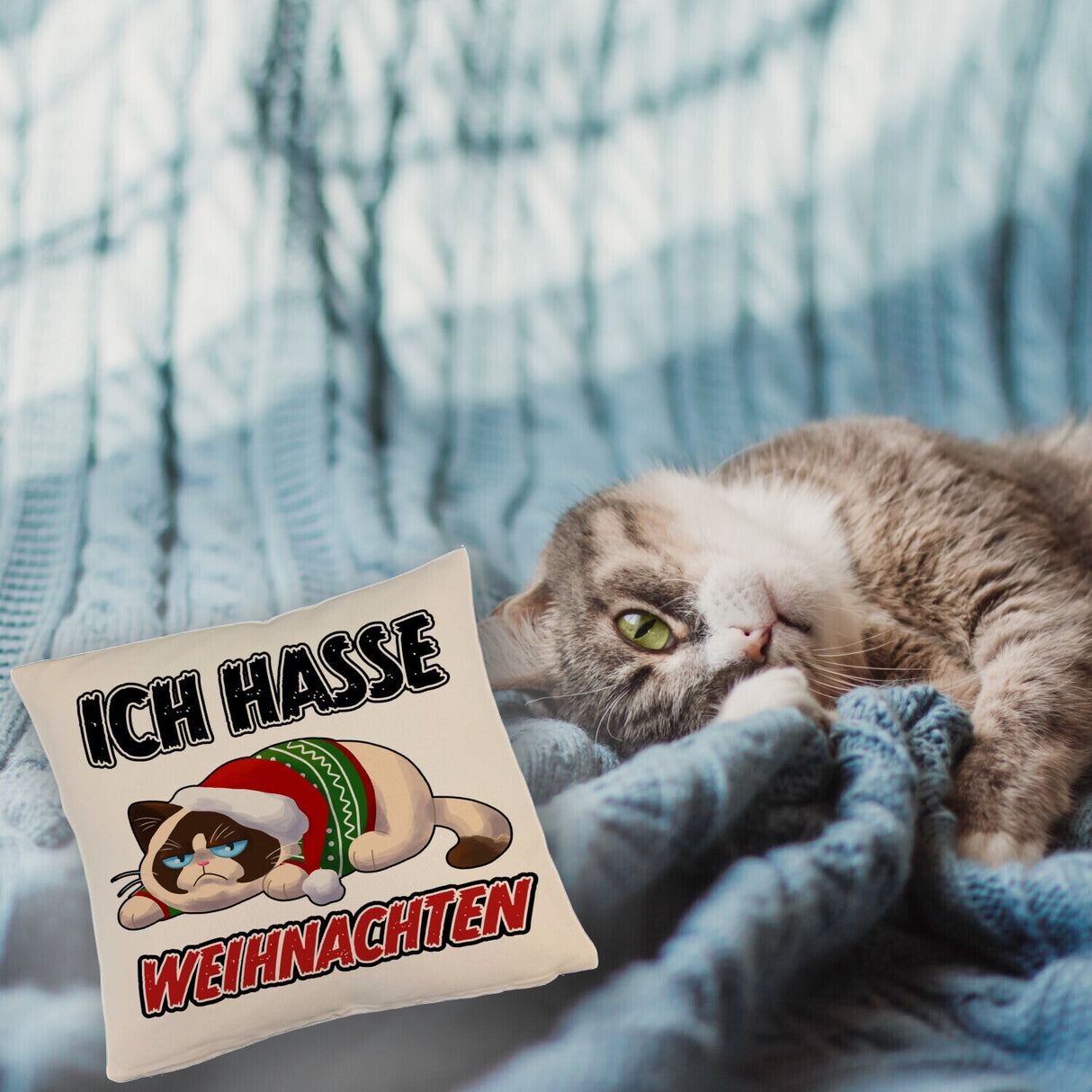 Grimmige Katze Kissen mit Spruch Ich hasse Weihnachten