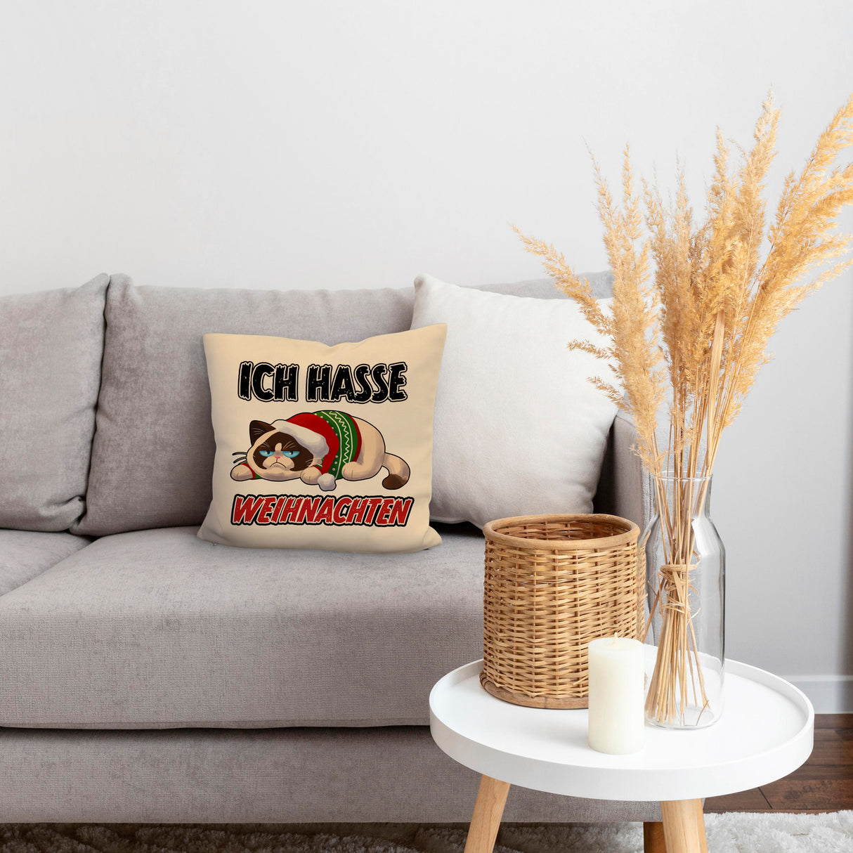 Grimmige Katze Kissen mit Spruch Ich hasse Weihnachten