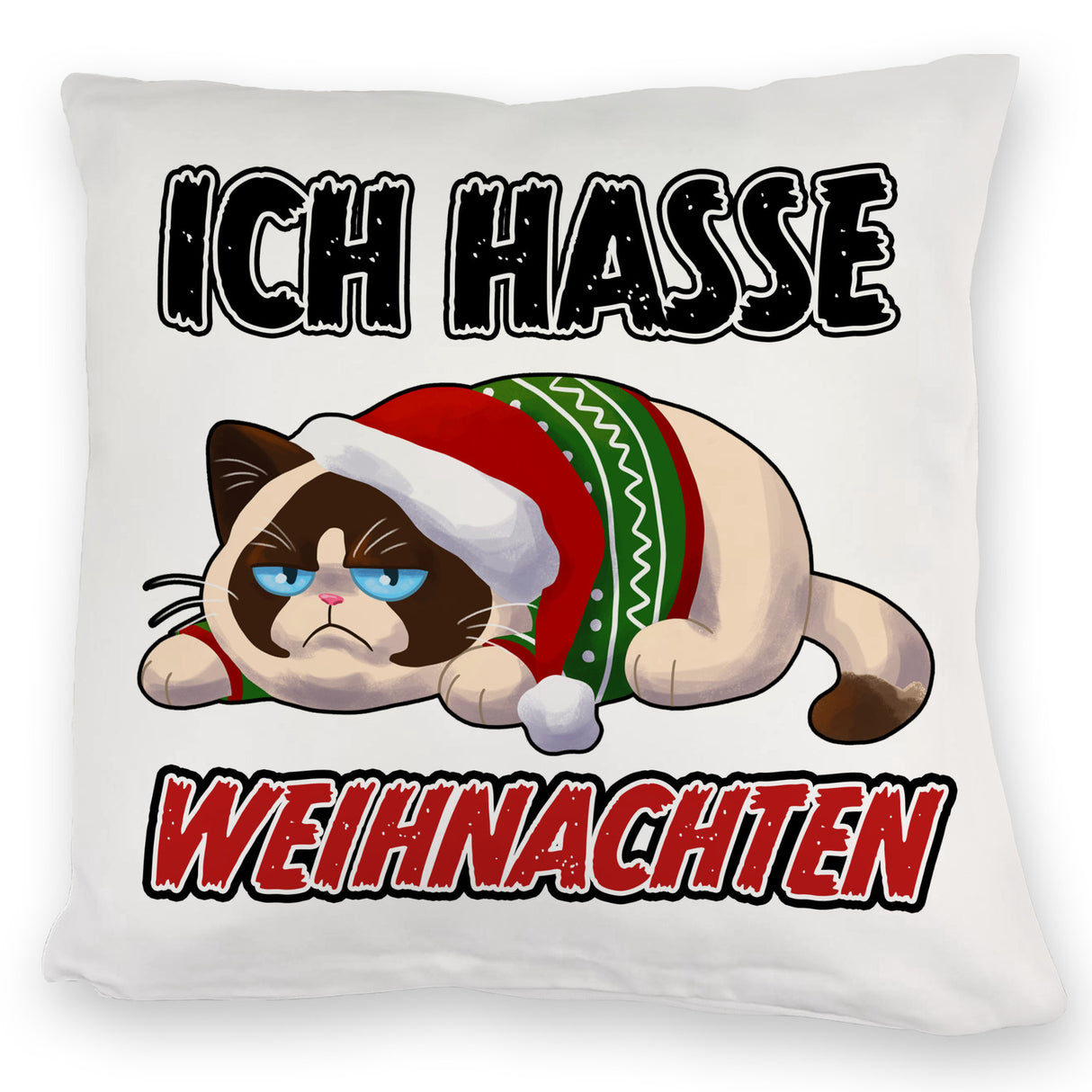 Grimmige Katze Kissen mit Spruch Ich hasse Weihnachten