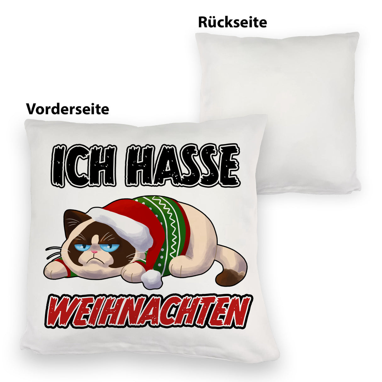 Grimmige Katze Kissen mit Spruch Ich hasse Weihnachten
