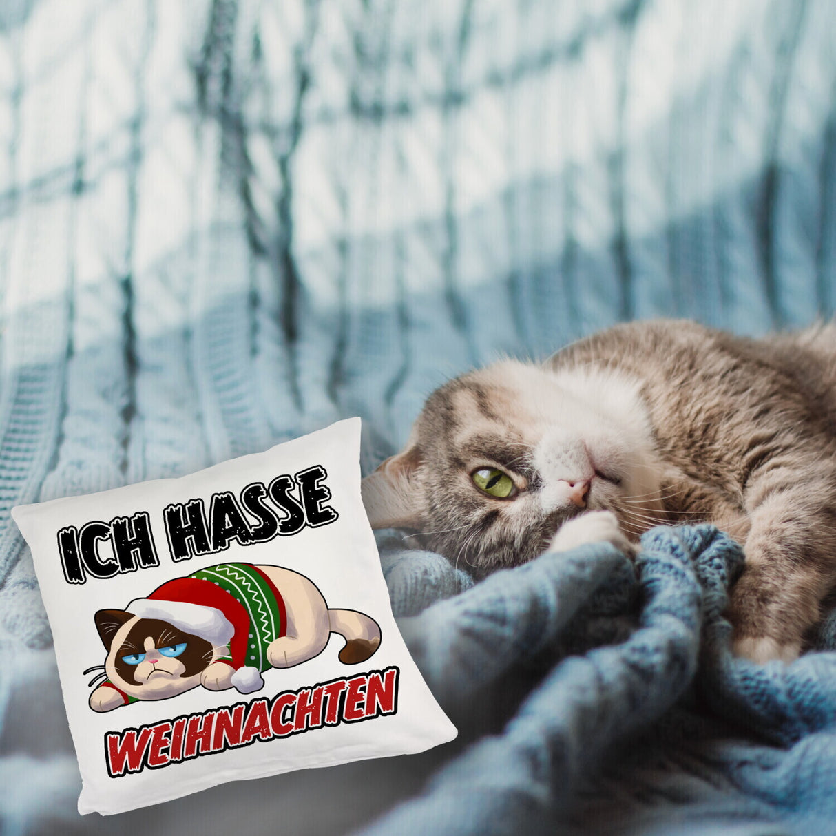 Grimmige Katze Kissen mit Spruch Ich hasse Weihnachten