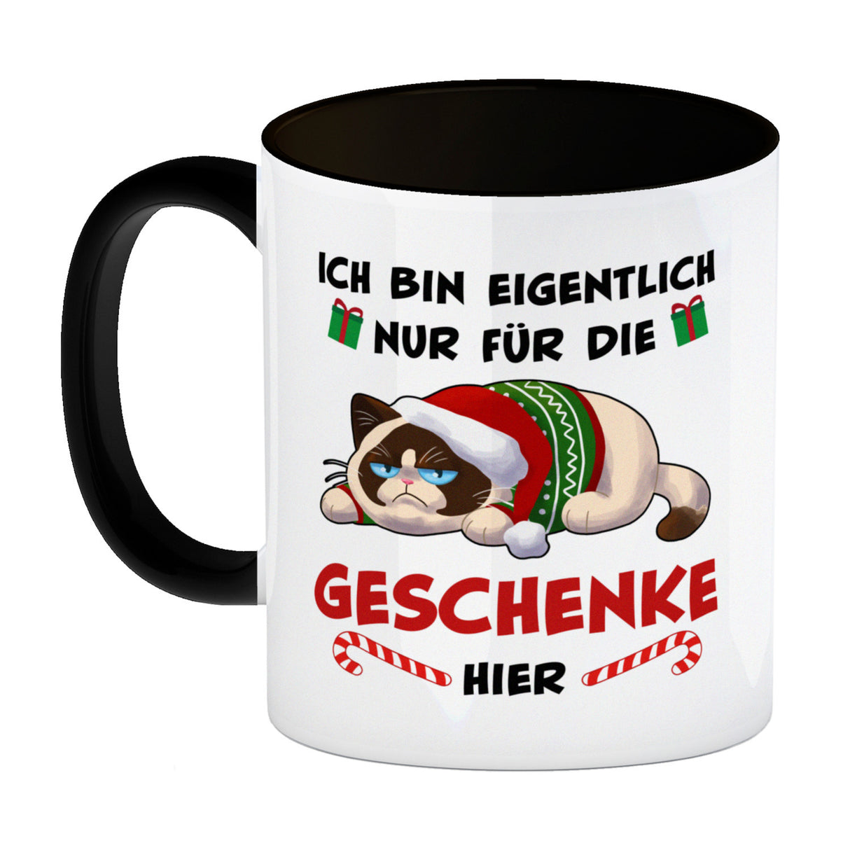 Grimmige Katze Kaffeebecher mit Spruch nur für die Geschenke hier