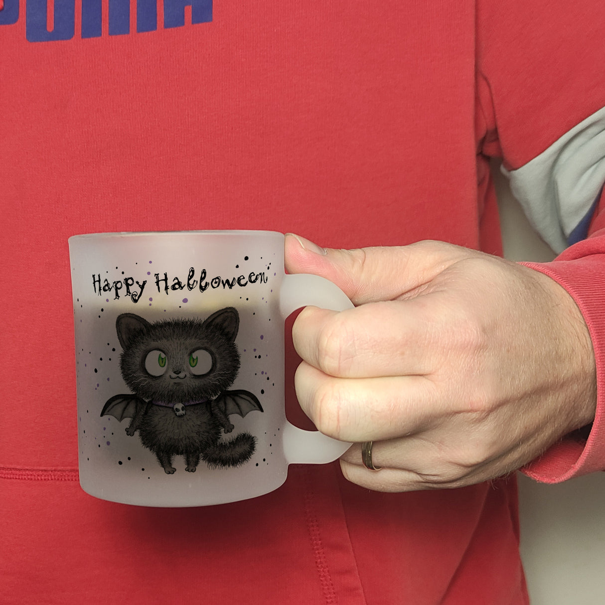 Happy Halloween Kaffeebecher mit schwarzer Fledermaus-Katze