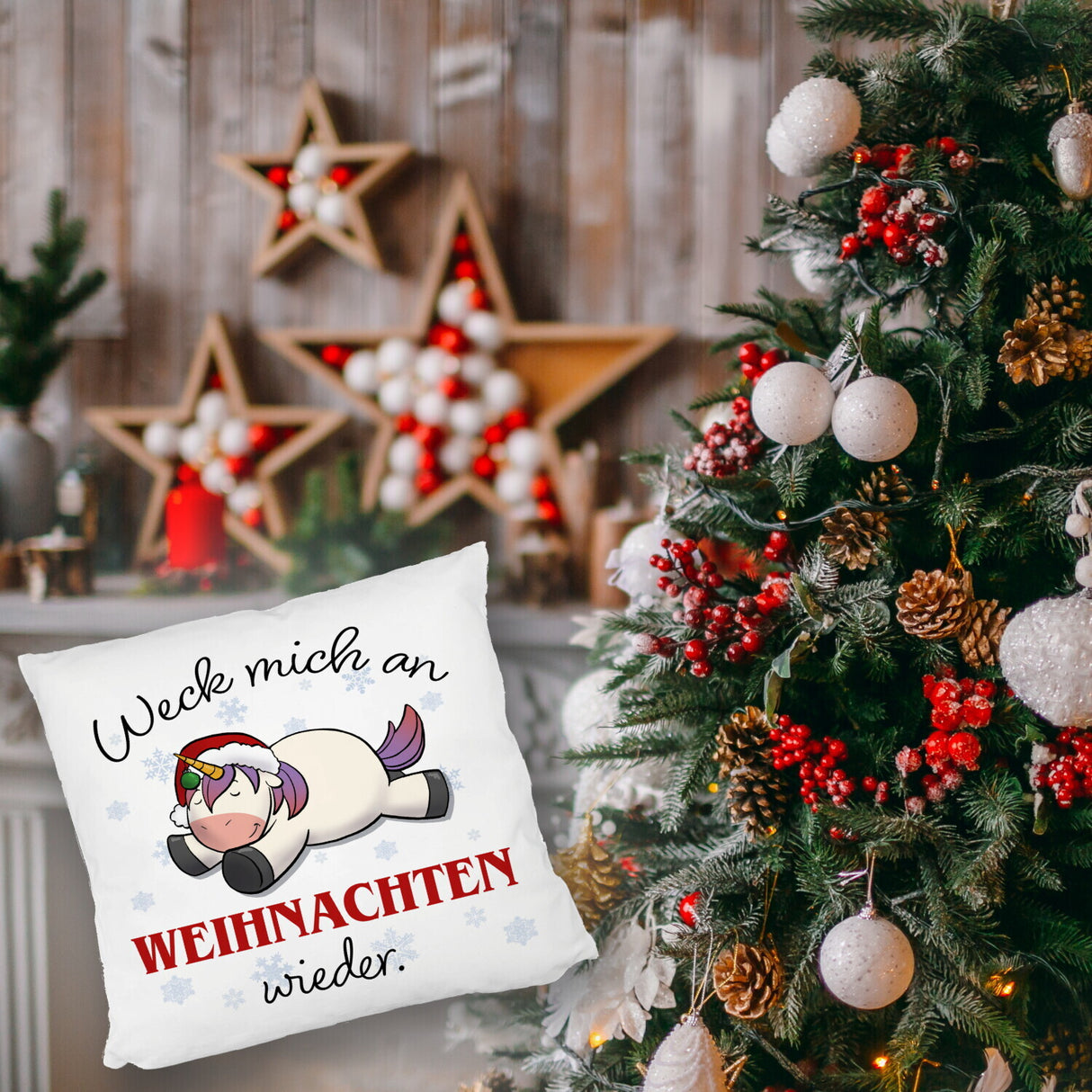 Weihnachts-Einhorn Kissen mit Spruch Weck mich an Weihnachten wieder