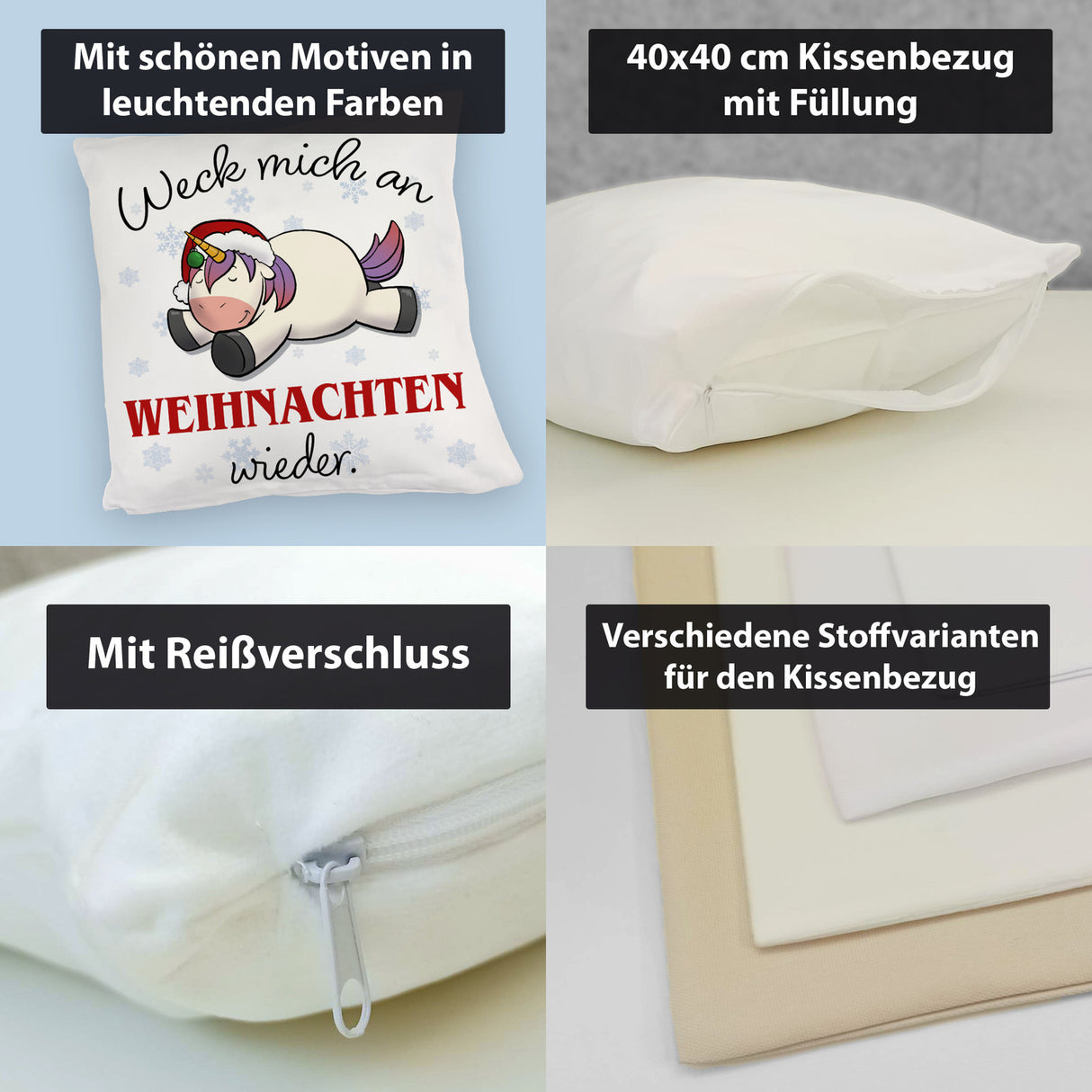 Weihnachts-Einhorn Kissen mit Spruch Weck mich an Weihnachten wieder