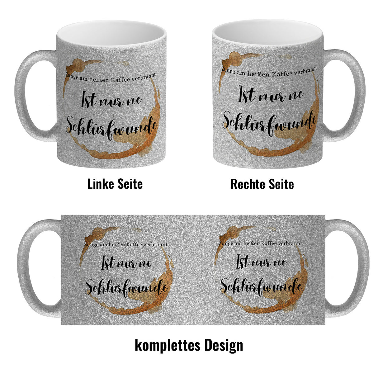 Kaffeefleck Kaffeebecher mit Spruch Zunge am heißen Kaffee verbrannt