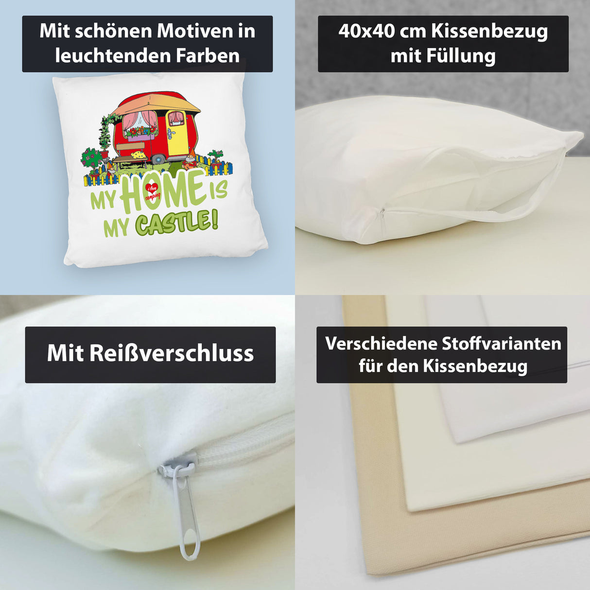 Wohnwagen Kissen mit Spruch My Home is my castle! I love camping