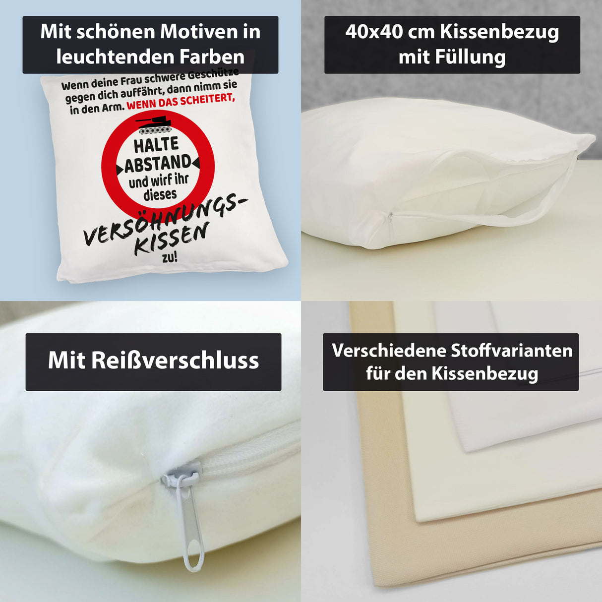 Ehe Kissen mit Warnsymbol und Spruch zum Thema Versöhnung für den Mann
