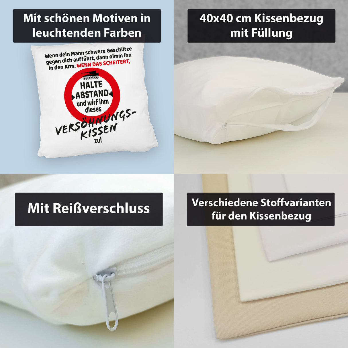 Ehe Kissen mit Warnsymbol und Spruch zum Thema Versöhnung für die Frau