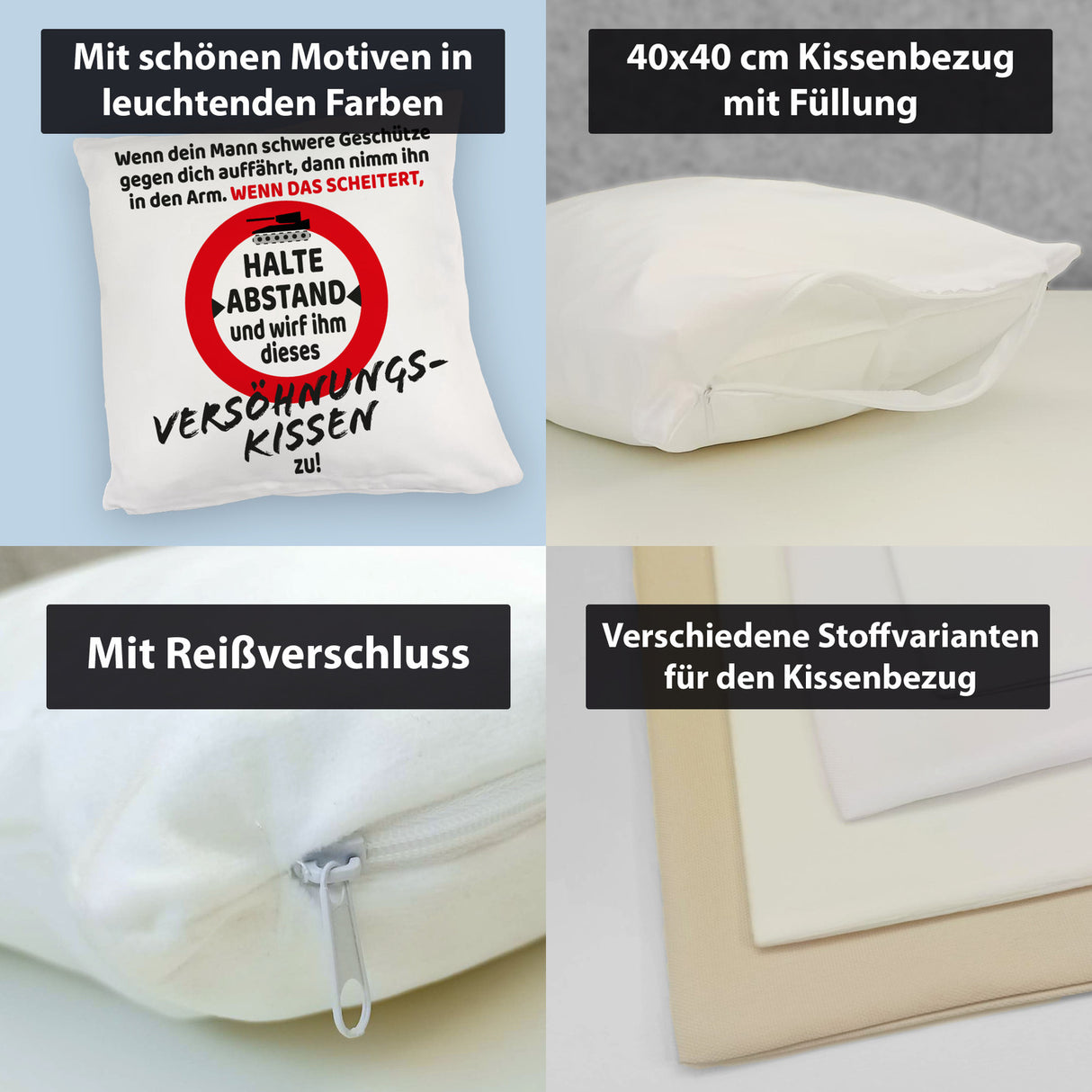 Ehe Kissen mit Warnsymbol und Spruch zum Thema Versöhnung für die Frau