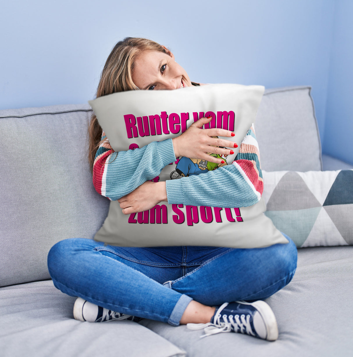 Auf zum Sport! Motivations Kissen mit Text und Spruch