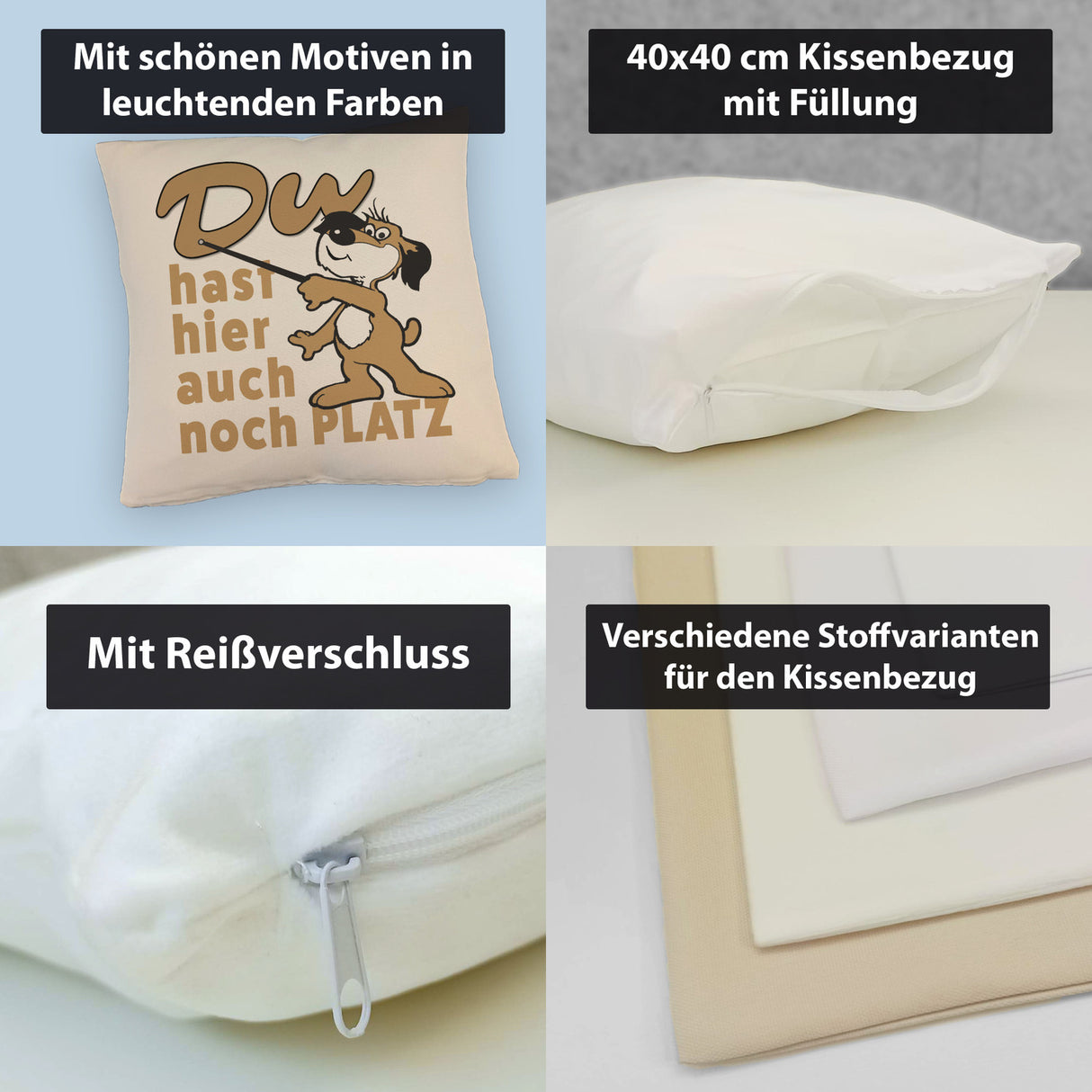 Du hast hier auch noch Platz Kissen mit freundlichem Hund