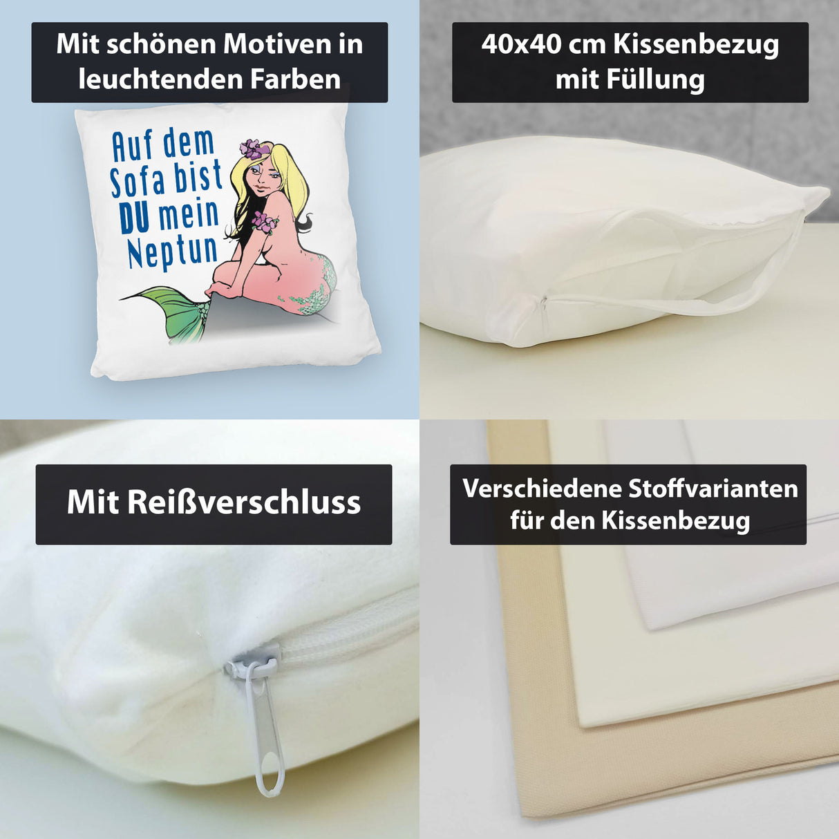 Meerjungfrau Kissen mit Spruch Auf dem Sofa bist du mein Neptun