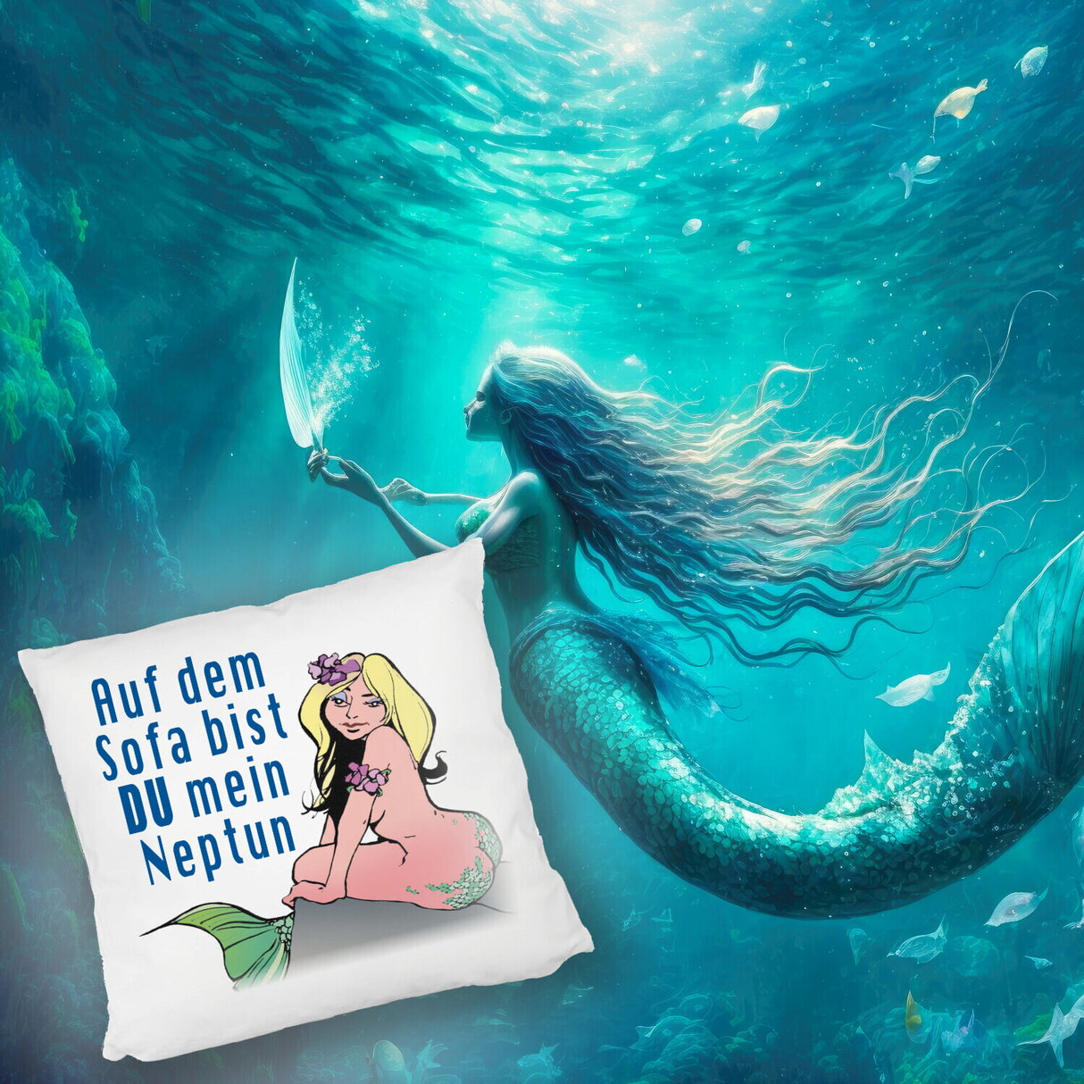 Meerjungfrau Kissen mit Spruch Auf dem Sofa bist du mein Neptun