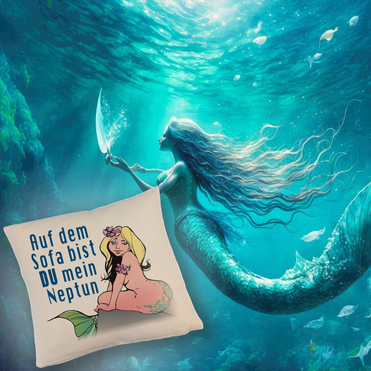 Meerjungfrau Kissen mit Spruch Auf dem Sofa bist du mein Neptun