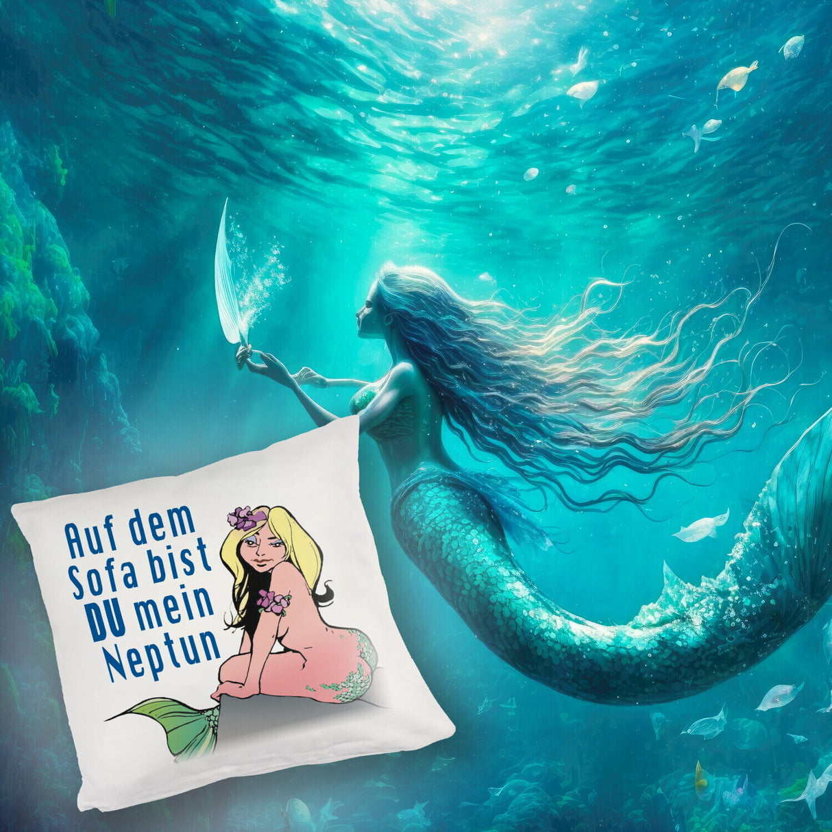 Meerjungfrau Kissen mit Spruch Auf dem Sofa bist du mein Neptun