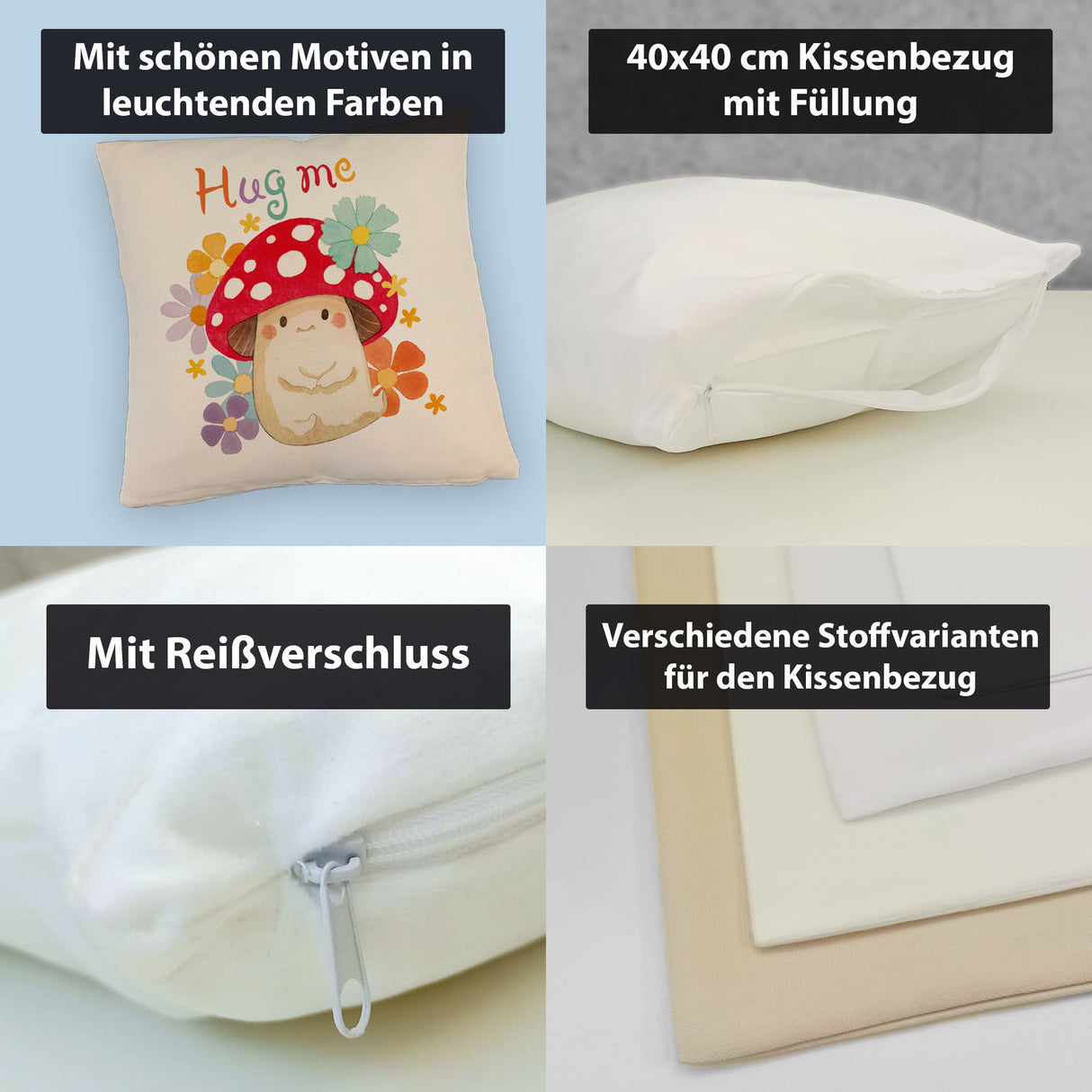 Hug me Kissen mit Fliegenpilz und Blumen