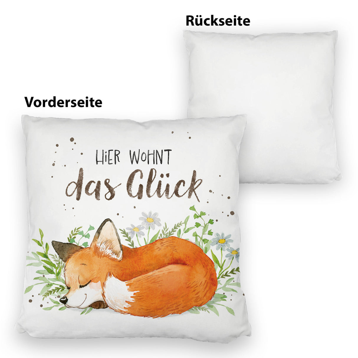 Hier wohnt das Glück Kissen mit Fuchs im Aquarell-Stil