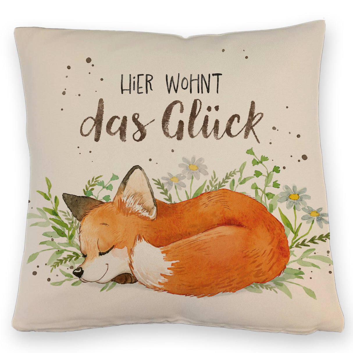 Hier wohnt das Glück Kissen mit Fuchs im Aquarell-Stil