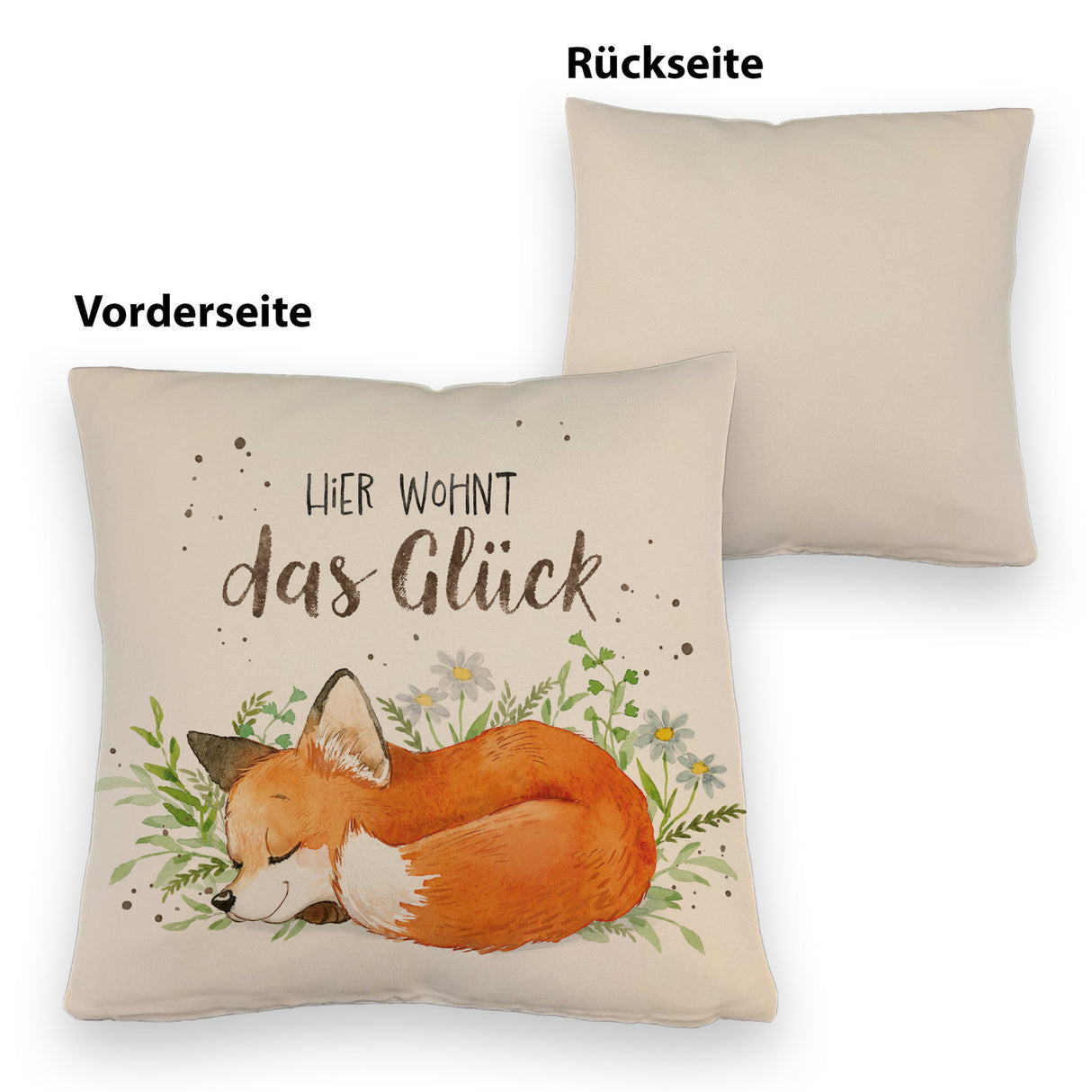Hier wohnt das Glück Kissen mit Fuchs im Aquarell-Stil