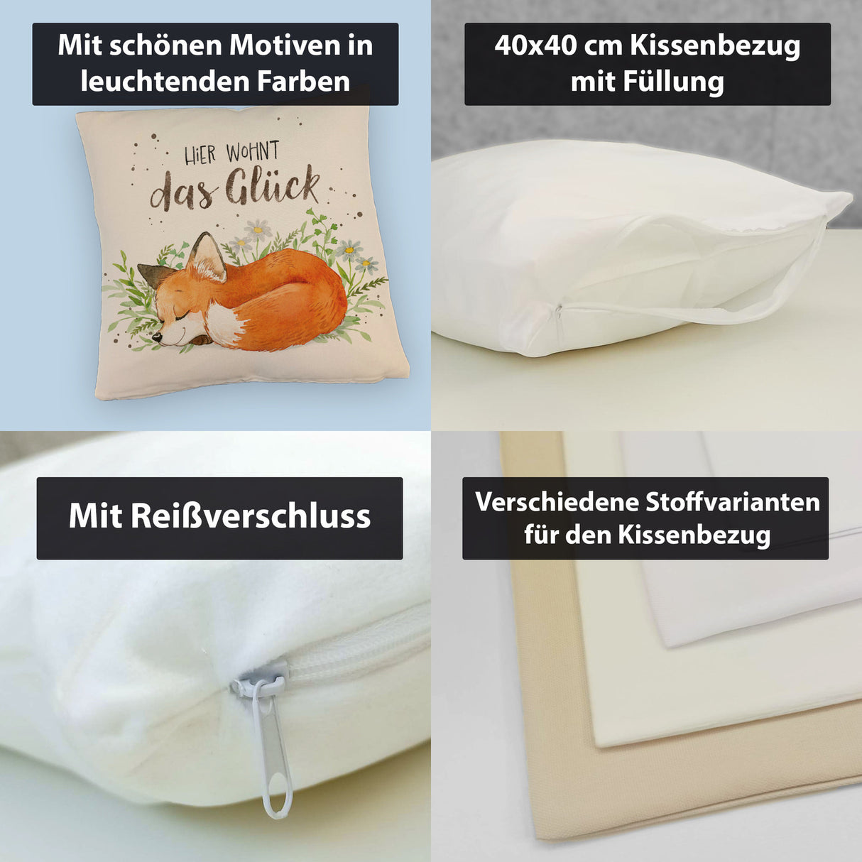Hier wohnt das Glück Kissen mit Fuchs im Aquarell-Stil