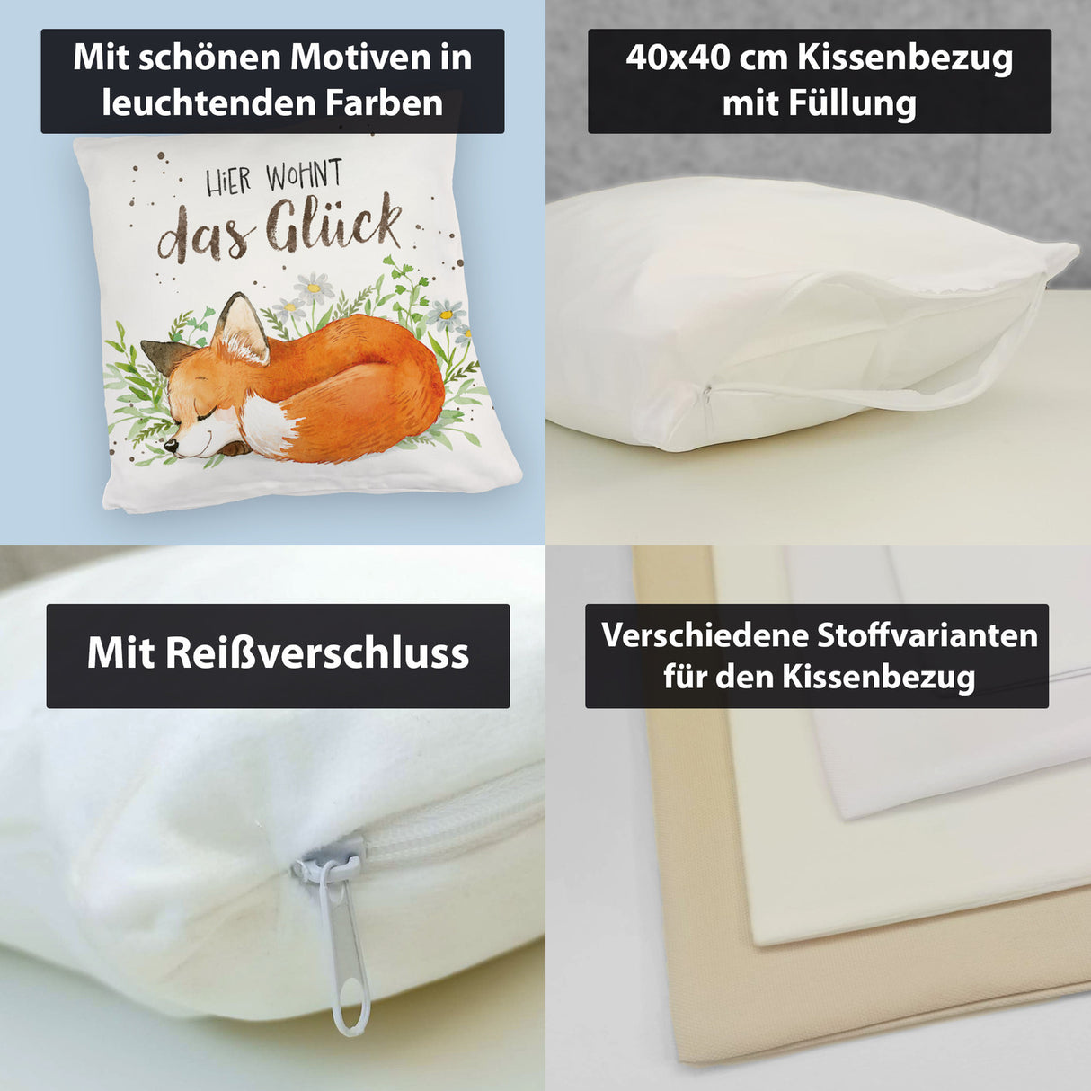 Hier wohnt das Glück Kissen mit Fuchs im Aquarell-Stil