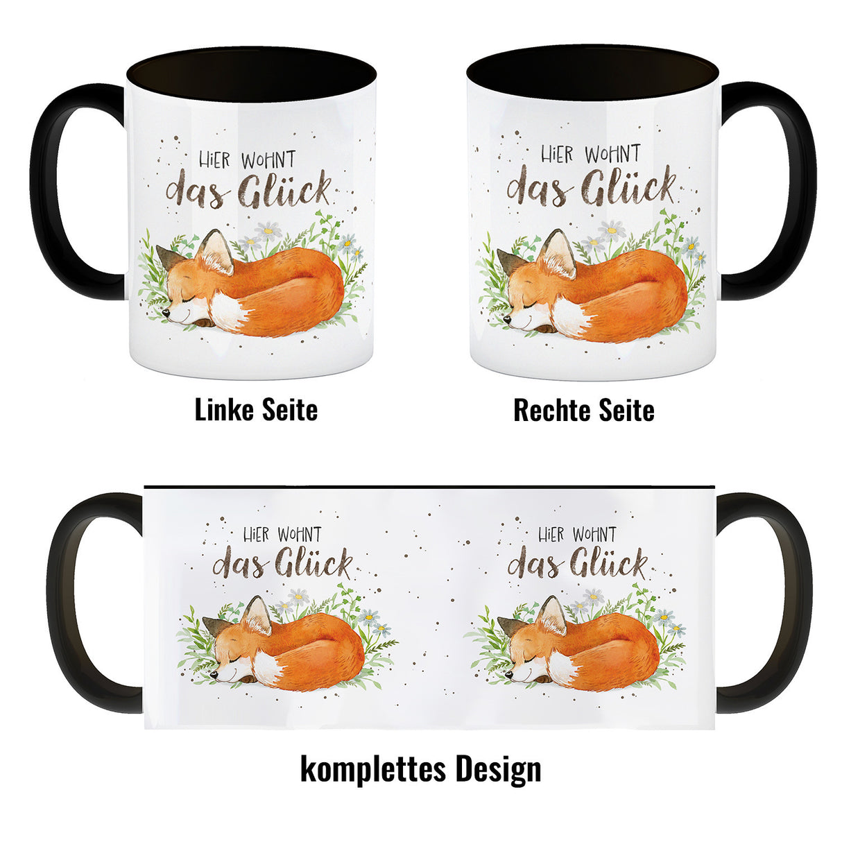 Hier wohnt das Glück Kaffeebecher mit Fuchs im Aquarell-Stil