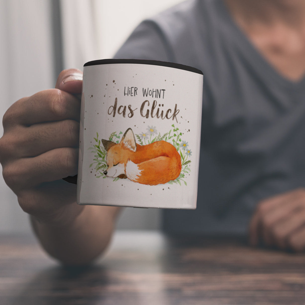 Hier wohnt das Glück Kaffeebecher mit Fuchs im Aquarell-Stil