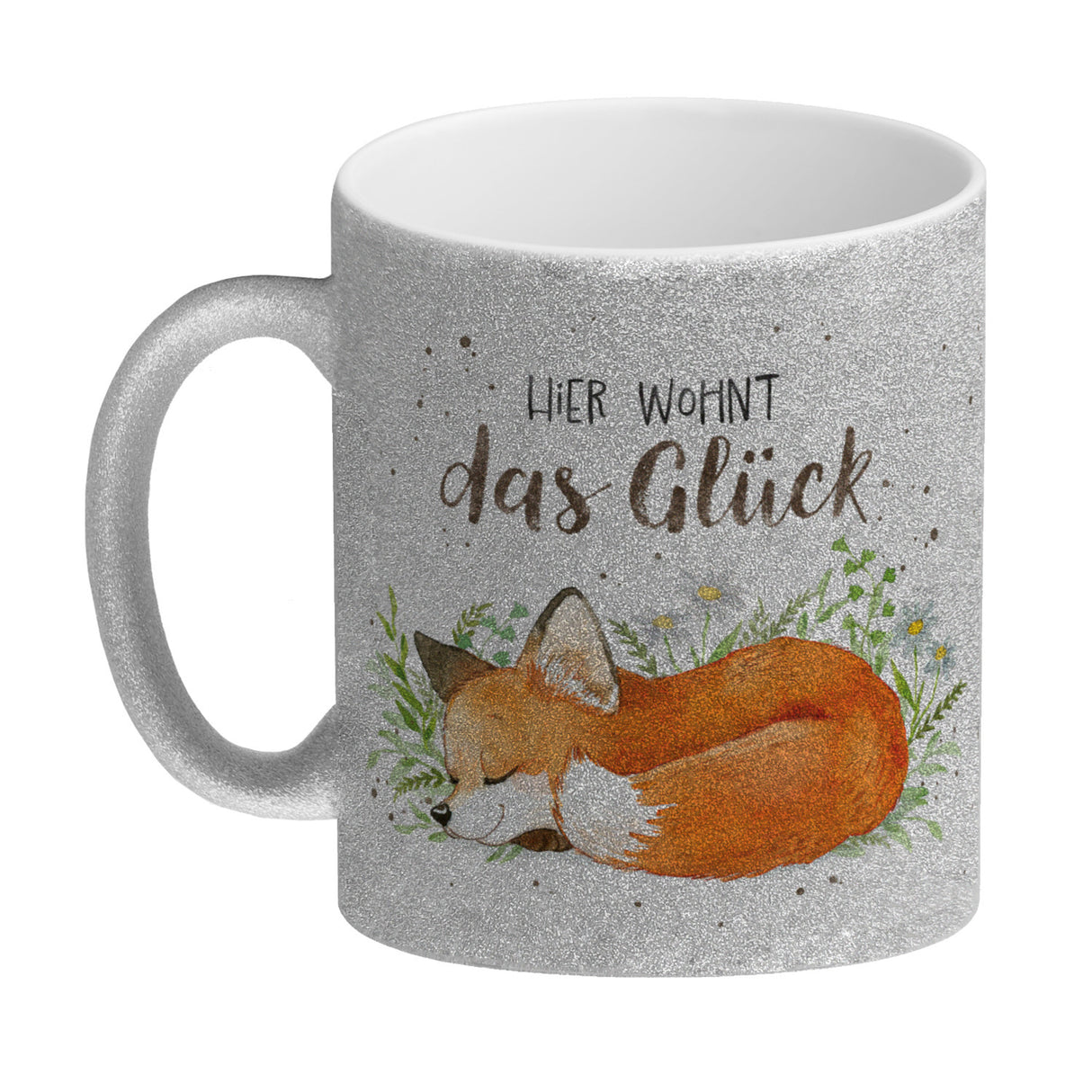 Hier wohnt das Glück Kaffeebecher mit Fuchs im Aquarell-Stil