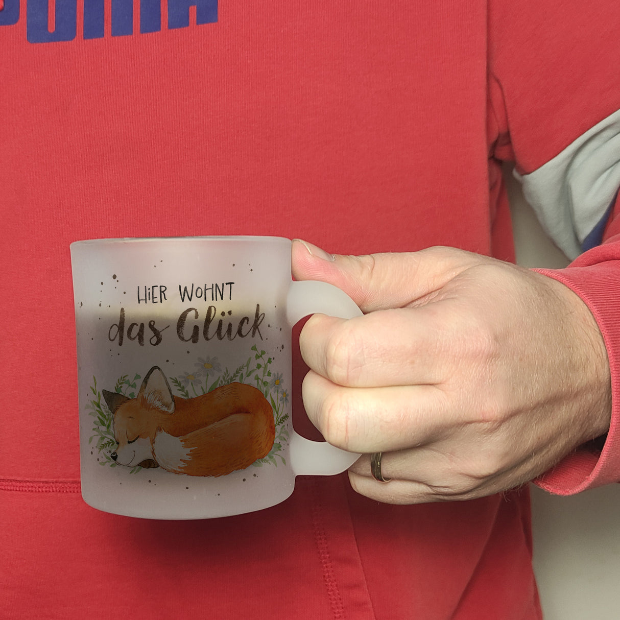 Hier wohnt das Glück Kaffeebecher mit Fuchs im Aquarell-Stil