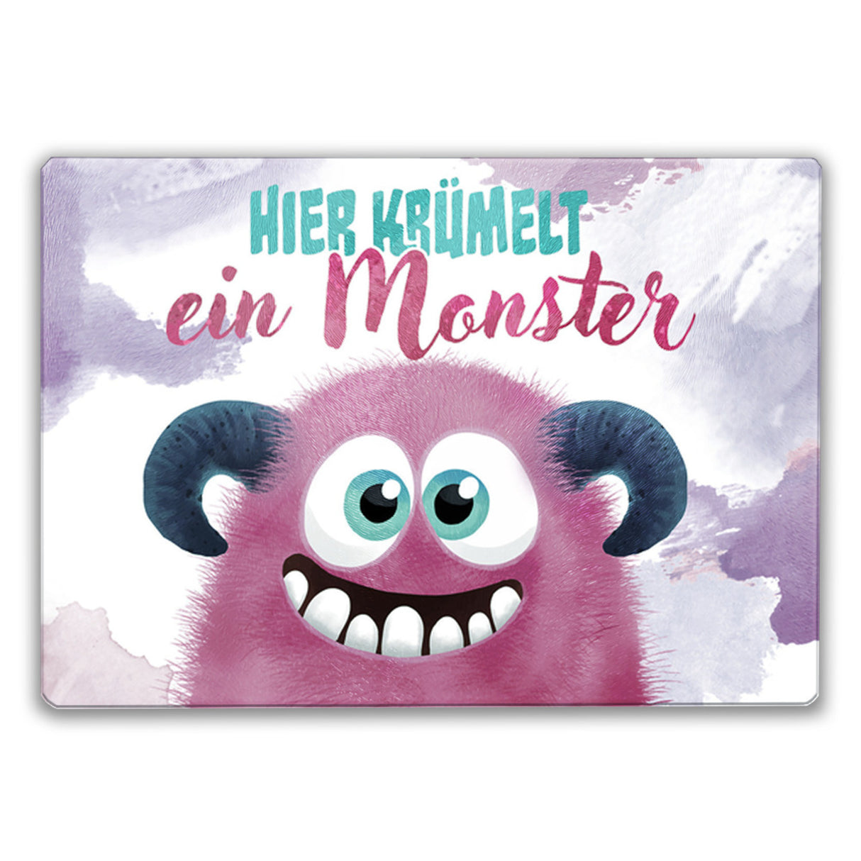 Süßes Monster in blau Schneidebrett aus Glas mit Spruch Hier krümelt ein Monster