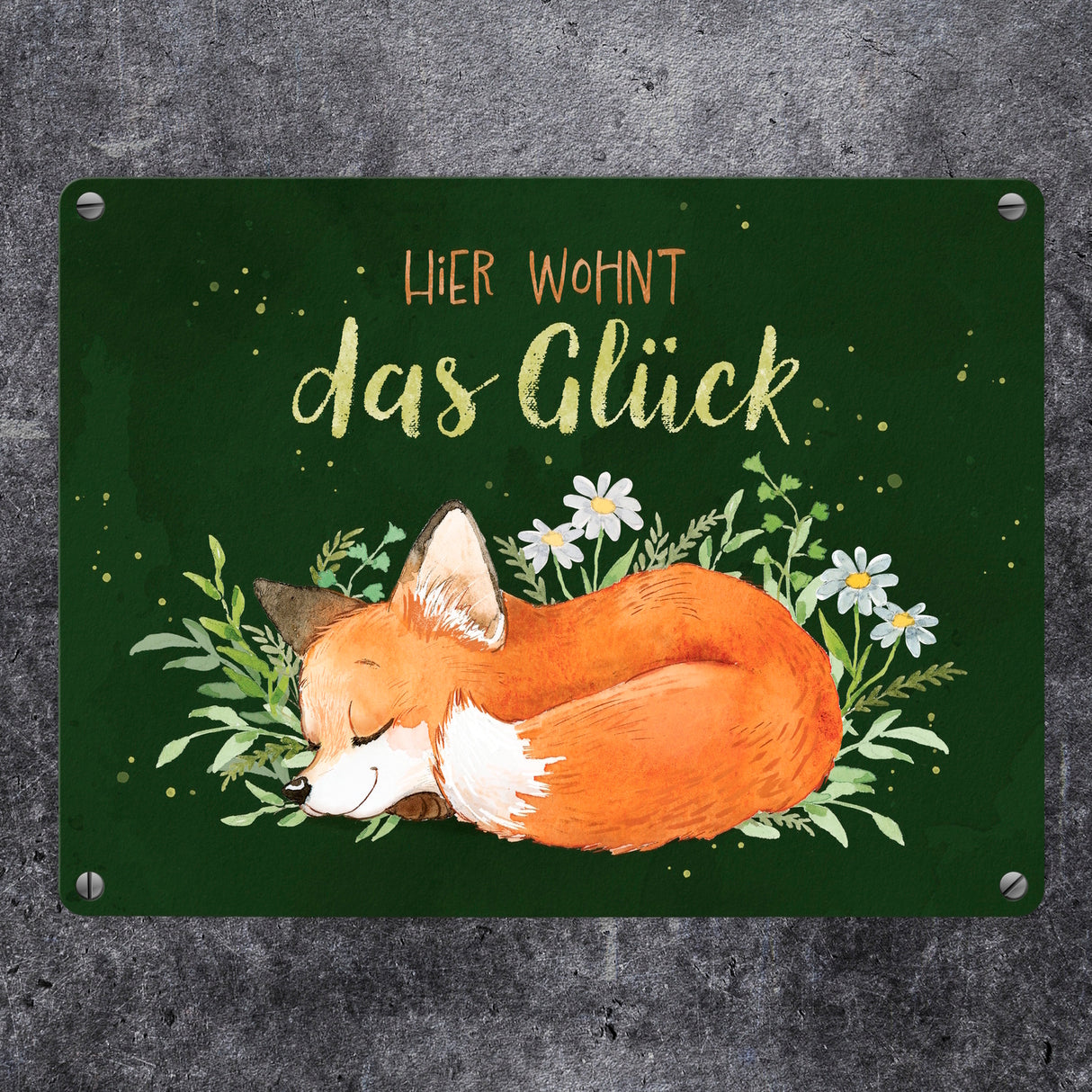 Fuchs Metallschild in 15x20 cm mit Spruch Hier wohnt das Glück