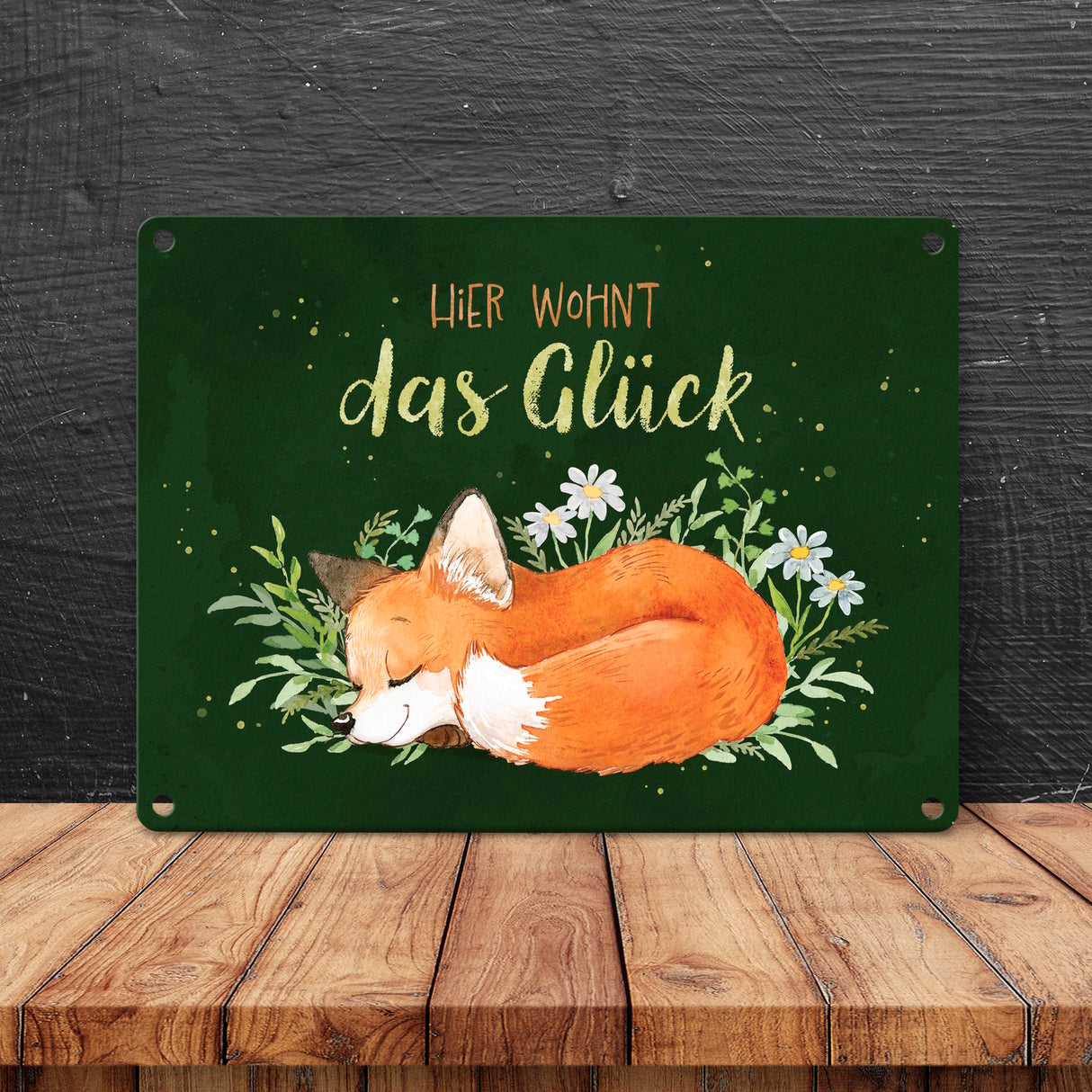 Fuchs Metallschild in 15x20 cm mit Spruch Hier wohnt das Glück